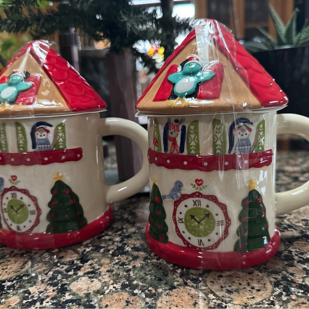 Two Cost Plus World Market Holiday House Mugs - Red and Green